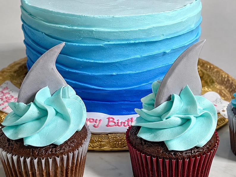 May include: A round cake with blue ombre frosting and a white base border featuring the text Happy Birthday in pink, accompanied by two chocolate cupcakes topped with light blue swirled frosting and gray shark fin decorations.