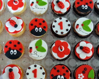 Op de afbeelding: Een verzameling cupcakes versierd met fondant lieveheersbeestjes, rode en witte bloemen, groene blaadjes en het cijfer één. De cupcakes zijn gerangschikt in een doorzichtige plastic container en bevatten diverse ontwerpen.