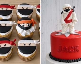 Op de afbeelding: Een verzameling cupcakes met fondant ninja-gezichten met rode, witte en oranje hoofdbanden, naast een ronde rode taart met een witte ninja-figuur bovenop en de naam JACK in grote hoofdletters aan de zijkant van de taart.