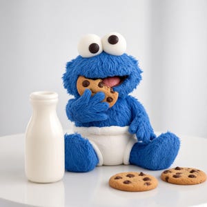 May include: A blue fuzzy plush character with large white eyes and black pupils wearing a white diaper, holding a chocolate chip cookie to its mouth, accompanied by a small white milk bottle and two additional chocolate chip cookies nearby.