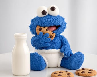 May include: A blue fuzzy plush character with large white eyes and black pupils wearing a white diaper, holding a chocolate chip cookie to its mouth, accompanied by a small white milk bottle and two additional chocolate chip cookies nearby.