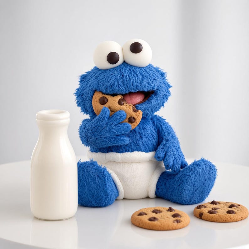May include: A blue fuzzy plush character with large white eyes and black pupils wearing a white diaper, holding a chocolate chip cookie to its mouth, accompanied by a small white milk bottle and two additional chocolate chip cookies nearby.
