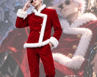 Röd jul-cosplaykostym för män, set med vit pälskant i sammet, jacka och byxor, anime-inspirerad julkostym, anpassad storlek