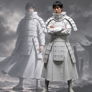 May include: A person wearing white layered armor over a long white robe with a high collar. The armor features segmented shoulder guards and a skirt-like panel design with visible buckles. The outfit includes white leg wraps and simple sandals.