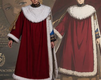 May include: A floor-length, deep red robe featuring a thick white faux fur collar and hem. The garment includes long sleeves with dark cuffs, gold braided cord accents, and white side panels with blue and gold trim, mirroring a fantasy character design.