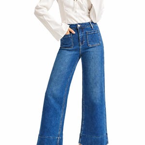 Risen High Rise Front Patch Pocket Crop Wide Leg Jeans Medium Wash