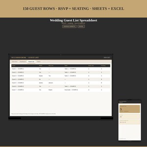 May include: A digital wedding guest list spreadsheet template featuring 150 guest rows, RSVP tracking, and seating management. The interface displays columns for guest names, RSVP status, plus-ones, table assignments, party size, and attendance counts.