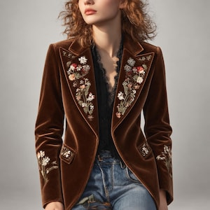 Peut inclure: Un blazer en velours marron orné de broderies florales complexes sur les revers, les poches et les manches. Le vêtement est porté sur un haut noir à bordure en dentelle et un jean bleu, présentant une coupe structurée avec des manches longues.