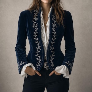 Peut inclure: Un blazer en velours bleu marine profond orné d'une broderie argentée en forme de vigne le long des bords avant et des poignets. Il est porté sur un chemisier blanc à volants avec des manches en dentelle et un pantalon sombre structuré.