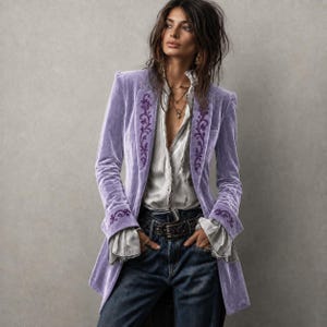 May include: A lavender velvet blazer featuring dark purple floral embroidery along the lapels and cuffs. The blazer is worn over a white button-down shirt with ruffled sleeves and dark blue denim jeans secured with a black leather belt.
