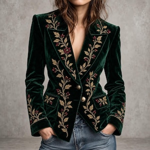 May include: A dark green velvet blazer featuring intricate gold and burgundy floral embroidery along the lapels, sleeves, and pockets. The jacket is tailored with a notched collar, two gold-toned buttons at the front closure, and long sleeves.