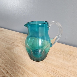 Small Blue Pinched Glass Pitcher Vase image 1