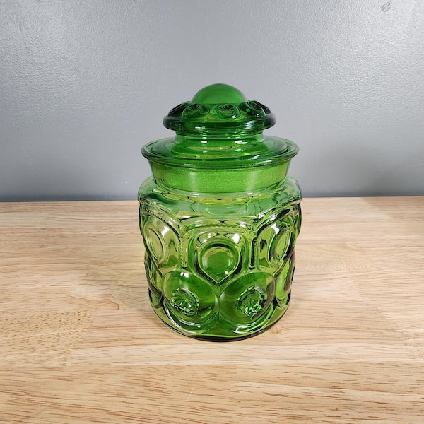 L E Smith Moon and Stars 7" Green Glass Jar