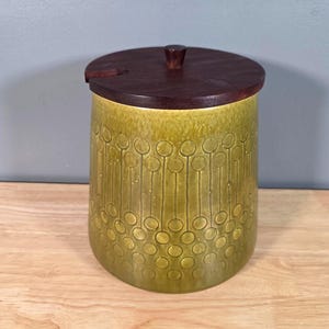 May include: A green ceramic jar with a dark brown wooden lid and a small wooden handle. The jar has a repeating pattern of circles and lines. The lid has a small knob on top.