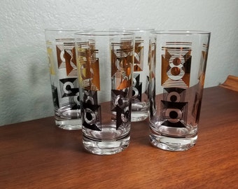 Set of 4 Gold and Black Geometric Print Drinking Glasses