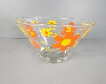 Large Retro Floral Print Glass Serving Chip Bowl