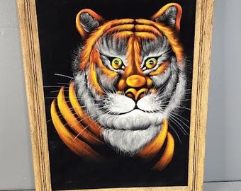 Large Vintage Black Velvet Tiger Painting