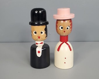 Vintage Wooden Man and Woman Salt and Pepper Shakers
