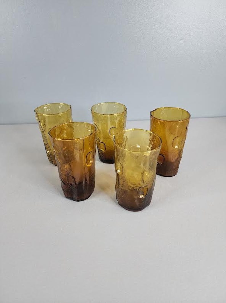 Set of 5 Decatur Glass Texglass Pinched Thumbprint Drinking Glasses image 1