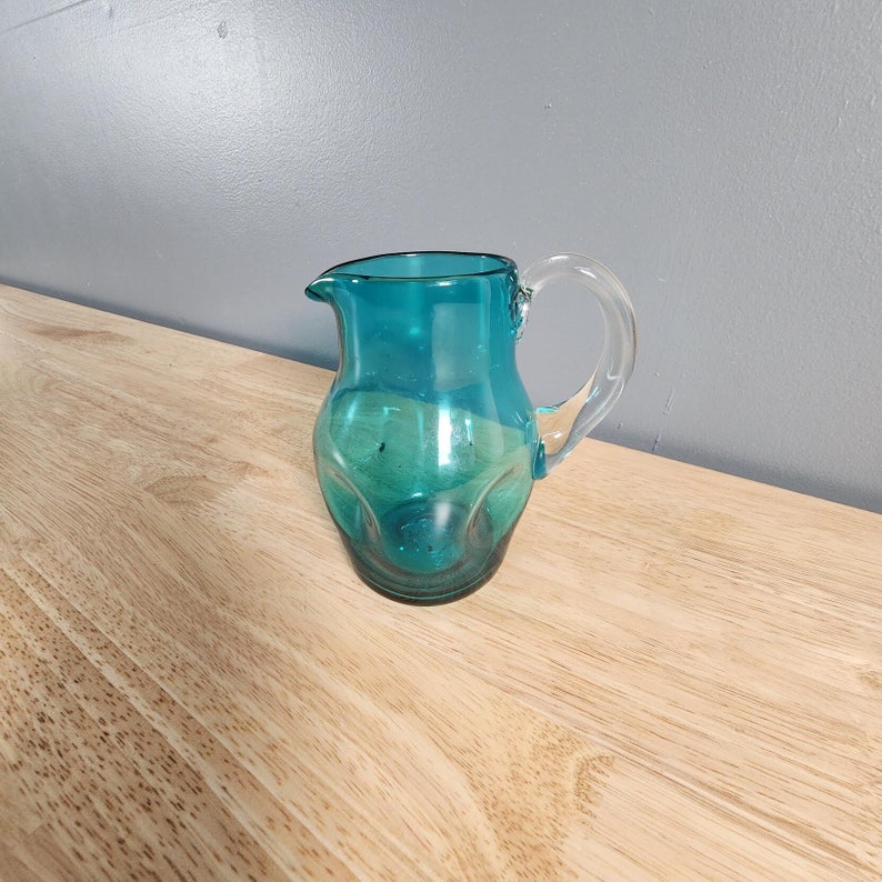 Small Blue Pinched Glass Pitcher Vase image 1