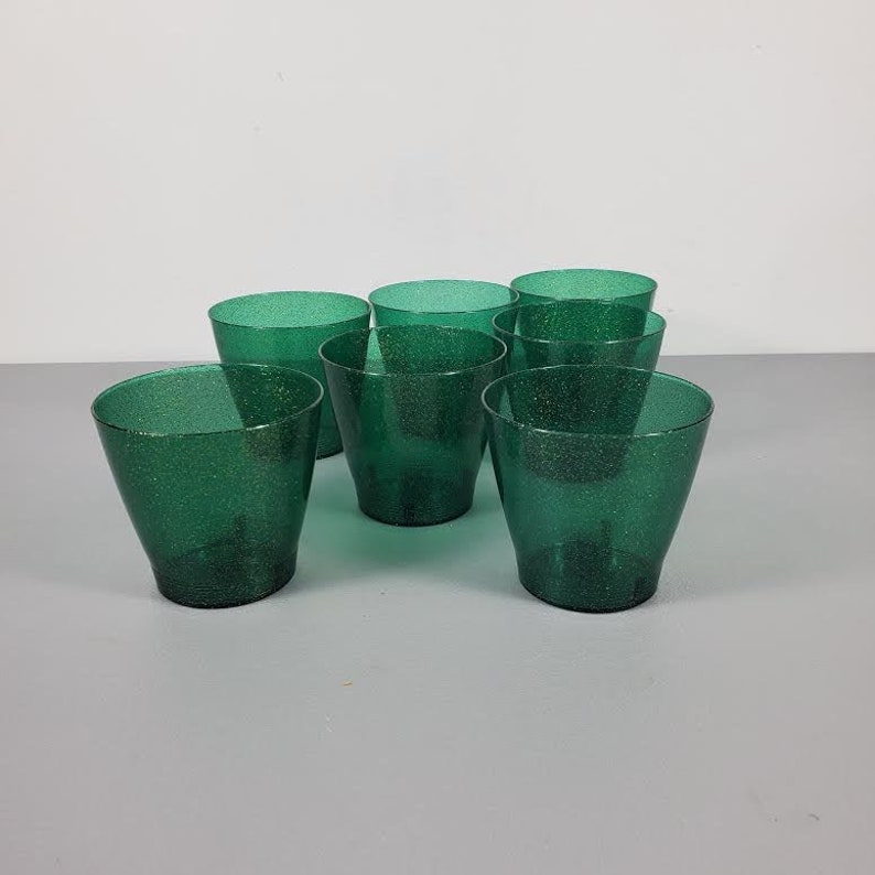 Set of 7 Vintage NPC Plastic Green Metal Flake Plastic Cups image 1