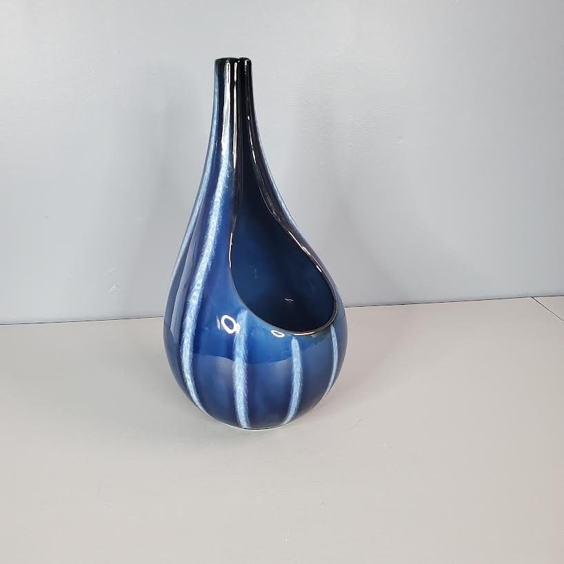 Large 14" Tall Hull USA Pottery Blue & White Striped Continental Pattern Vase