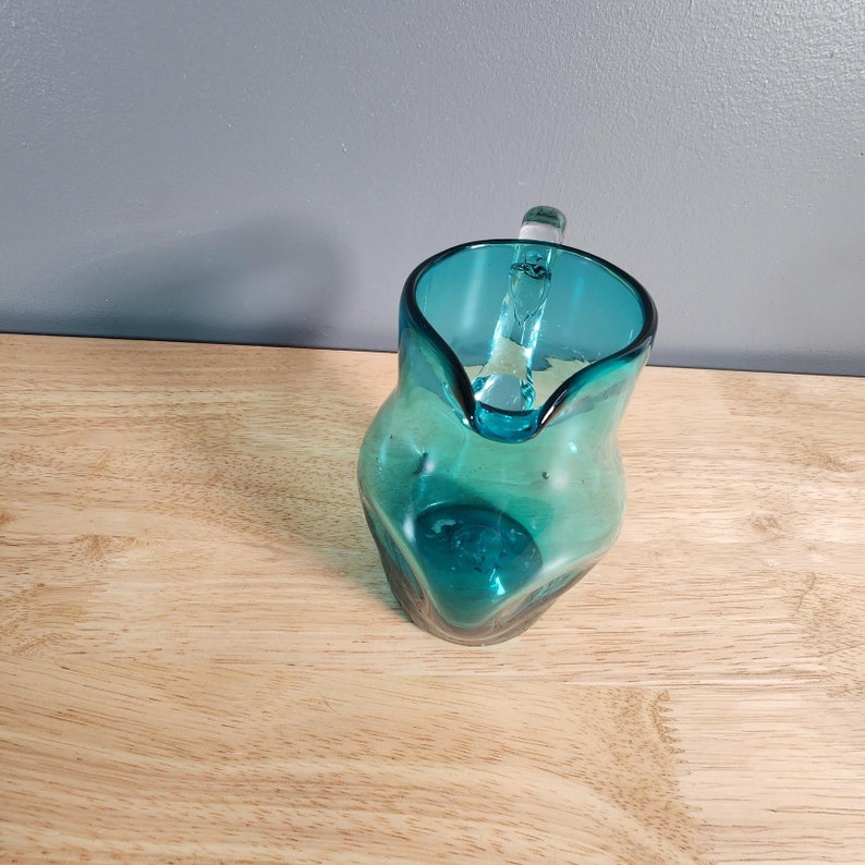 Small Blue Pinched Glass Pitcher Vase image 2