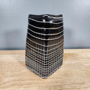 Mid Century Hand Blown Black Glass White Swirl Pattern Vase