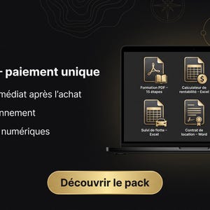 Peut inclure: Un écran d'ordinateur portable noir affiche six icônes dorées représentant des fichiers numériques, dont un guide PDF, des calculateurs Excel et des documents Word. Le texte inclut 'Formation PDF', 'Calculateur de rentabilité' et 'Planning de réservation'.