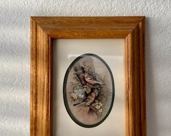 Lámina vintage de Ruane Manning con estampado de pinzón, litografía enmarcada para pared, marco ovalado de roble con paspartú, decoración rústica campestre.