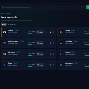 Könnte beinhalten: Eine Software-Oberfläche im dunklen Design mit dem Titel Secure Vault, die eine Liste von acht geschützten Konten anzeigt, darunter GitHub, Google, Amazon Web Services, Cloudflare, Microsoft, Proton, Stripe und Workspace mit numerischen Codes und Kopier-Schaltflächen.