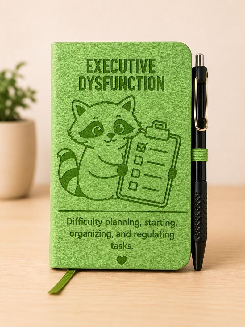Peut inclure: Un carnet vert citron illustr&eacute; d'un raton laveur tenant un presse-papier avec une liste de t&acirc;ches. Le texte indique "EXECUTIVE DYSFUNCTION" et "Difficulty planning, starting, organizing, and regulating tasks." Un stylo noir est fix&eacute; par un &eacute;lastique.