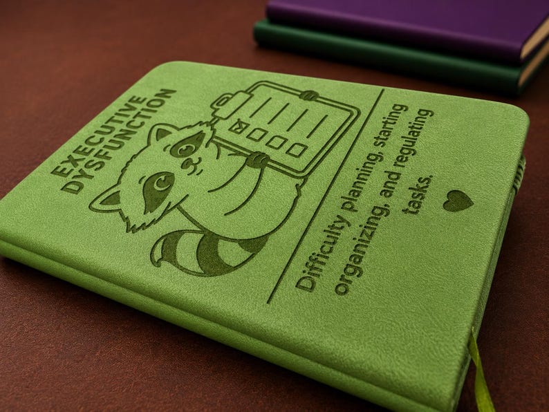 Peut inclure: Un carnet vert clair avec une illustration grav&eacute;e en vert fonc&eacute; repr&eacute;sentant un raton laveur tenant un presse-papier. Le texte indique : EXECUTIVE DYSFUNCTION. Difficulty planning, starting, organizing, and regulating tasks. Un petit c&oelig;ur.