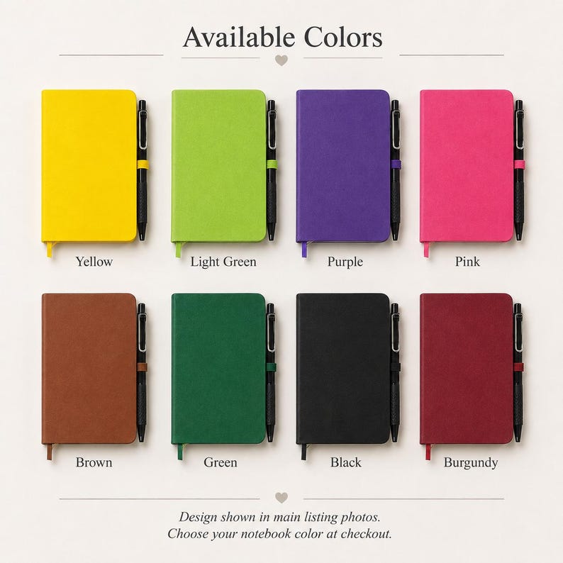Peut inclure: Huit carnets rectangulaires avec passants pour stylo assortis et stylos noirs, pr&eacute;sent&eacute;s en jaune, vert clair, violet, rose, marron, vert, noir et bordeaux. Le texte indique Available Colors et Design shown in main listing photos.