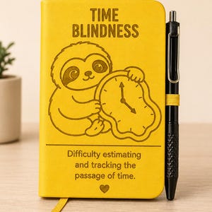 May include: A bright yellow notebook featuring an engraved illustration of a sloth holding a melting clock. The text reads TIME BLINDNESS and Difficulty estimating and tracking the passage of time. A black pen is attached to the side with a yellow loop.