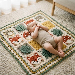May include: A square crochet blanket featuring a patchwork design of orange foxes, green leaves, and red and brown mushrooms. The blanket has a scalloped border in green and white, with a beige textured bodysuit worn by the infant lying on top.