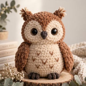 Può includere: Un peluche a forma di gufo realizzato all'uncinetto con un corpo in filato testurizzato marrone e crema, grandi occhi in plastica marrone scuro, un piccolo becco grigio scuro e piccoli ciuffi di filato sulla testa con ricami a forma di V.