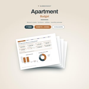 Może przedstawiać: Cyfrowy szablon arkusza kalkulacyjnego budżetu mieszkaniowego z tekstem Numbernest Apartment Budget. Interfejs zawiera siedem kart, kompatybilność z Sheets i Excel oraz pięć opcji kolorystycznych. Wyświetla dane finansowe, wykresy i zestawienia.