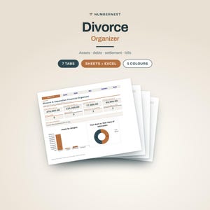 May include: A digital Divorce Organizer spreadsheet by Numbernest featuring seven tabs, sheets, and Excel compatibility in five colors. The interface displays a Divorce & Separation Financial Organizer dashboard with charts, asset categories, and debt summaries.