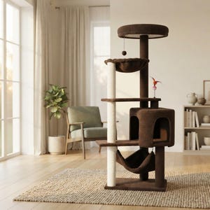 May include: A multi-level cat tree featuring dark brown plush fabric, a central white sisal scratching post, a hanging hammock, a square enclosed cubby, a circular top perch, and a dangling ball toy with a small feathered attachment.