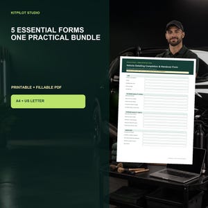 Könnte beinhalten: Ein digitales Bündel aus 5 Fahrzeugaufbereitungs- und Übergabeformularen als druckbares und ausfüllbares PDF. Das Dokument enthält Abschnitte für Auftragsdetails, Außen- und Innenqualitätsprüfungen sowie die Übergabe, verfügbar in A4 und US Letter.