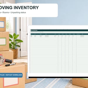 Moving Inventory Spreadsheet, Box Tracker with Room Summary and Unpacking Dashboard, Editable Excel Template