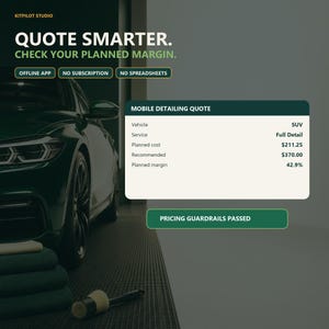 May include: A digital interface for Kitpilot Studio displaying a mobile detailing quote for an SUV. The text reads Quote Smarter, Check Your Planned Margin, Offline App, No Subscription, No Spreadsheets, and Pricing Guardrails Passed.