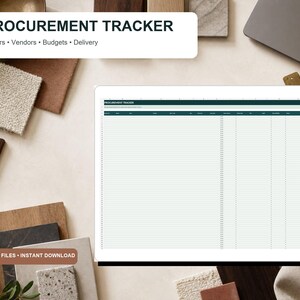 Interior Design Procurement Tracker, Project Budget Order Status Spreadsheet, Client Dashboard, Excel Template