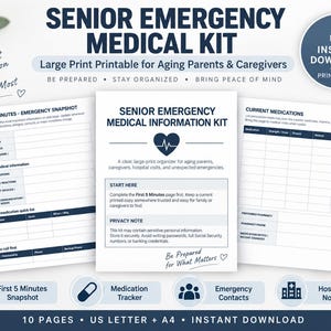 May include: A printable Senior Emergency Medical Kit featuring three white pages with dark blue text and headers. The documents include a First 5 Minutes Emergency Snapshot, a main information sheet with a heart icon, and a Current Medications tracker.
