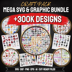 May include: A digital craft pack mega SVG and graphic bundle featuring over 300,000 designs. The collection includes various character illustrations, holiday themes, and text-based graphics presented in circular and square preview frames.