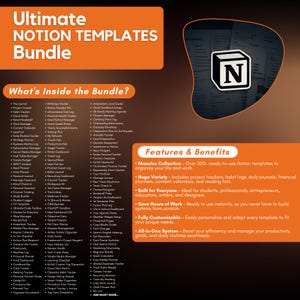 May include: A digital product advertisement titled Ultimate Notion Templates Bundle with an orange header and a list of over 500 templates. The graphic features the Notion logo, a section detailing features and benefits, and a dark background.