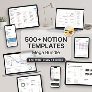 Puede incluir: Una colección digital de más de 500 plantillas de Notion para vida, trabajo, estudio y finanzas, mostrada en varios portátiles, tabletas y teléfonos inteligentes. El gráfico central incluye el texto 500+ NOTION TEMPLATES Mega Bundle Instant Access.
