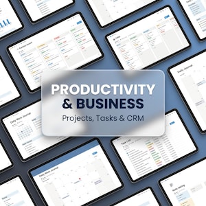 May include: A collection of digital tablet screens displaying productivity and business management software interfaces, featuring a central frosted glass overlay with the text PRODUCTIVITY & BUSINESS Projects, Tasks & CRM.