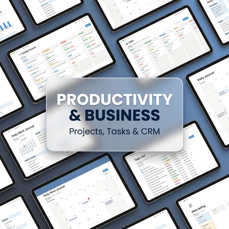 May include: A collection of digital tablet screens displaying productivity and business management software interfaces, featuring a central frosted glass overlay with the text PRODUCTIVITY & BUSINESS Projects, Tasks & CRM.